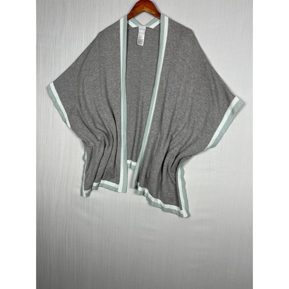 Chico's Cardigan Women S/M Gray Cashmere Blend Open Front Wrap Stripe Trim Layer